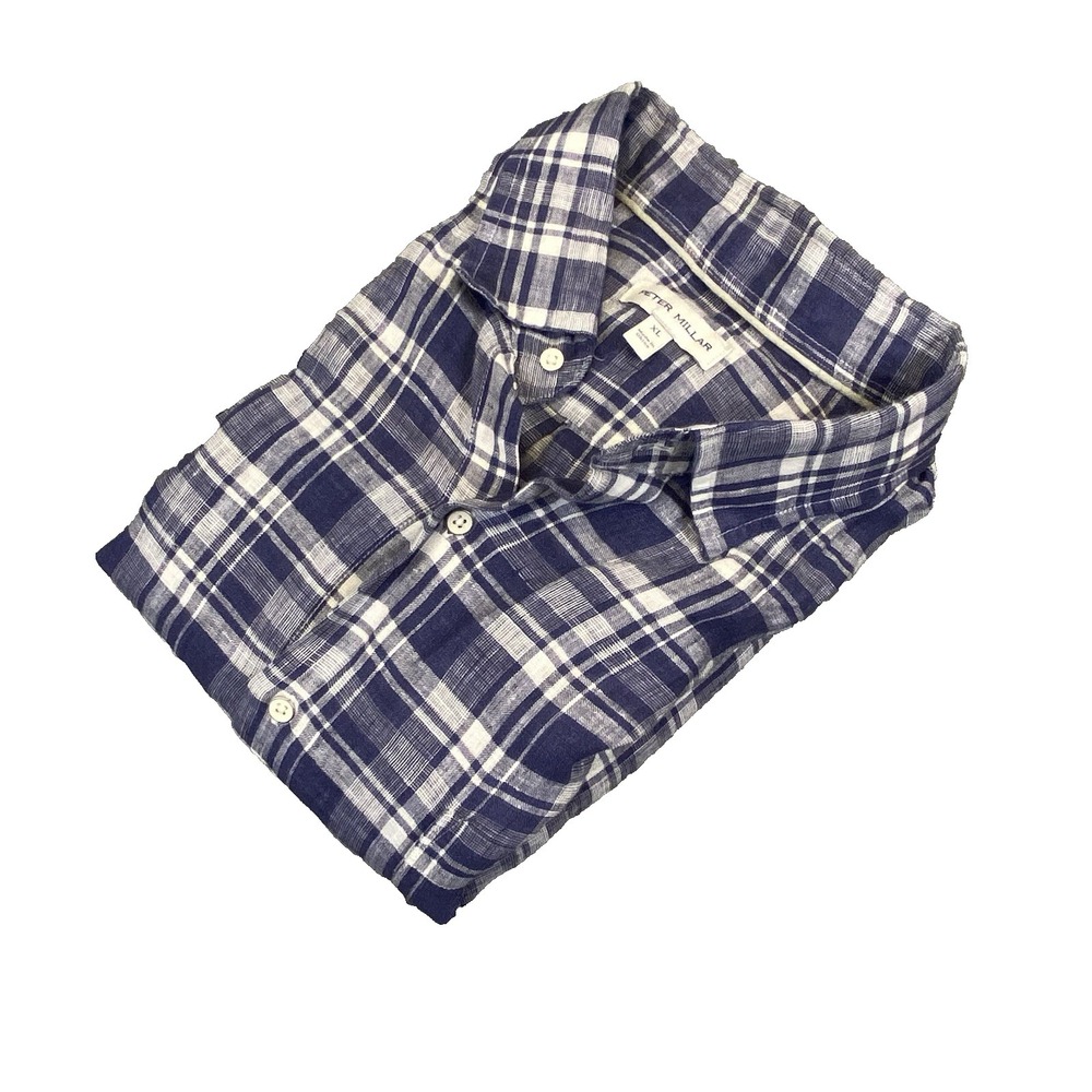 Peter Millar Shirt Mens XL Plaid Button Up Long Sleeve Linen